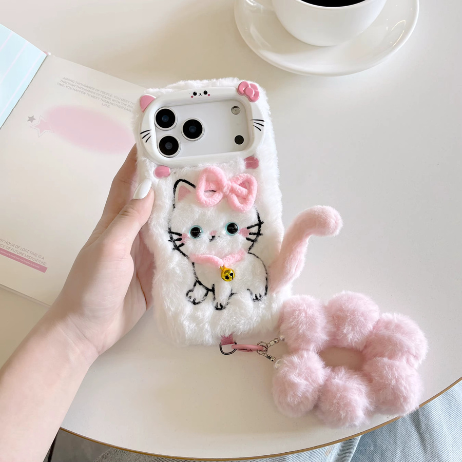 ZHUOHUAN Flauschige Plüsch Handyhülle mit Glocke und Handgelenk-Strap für iPhone 17 16 15 14 13 12 11 Pro Max Plus - Bild 2