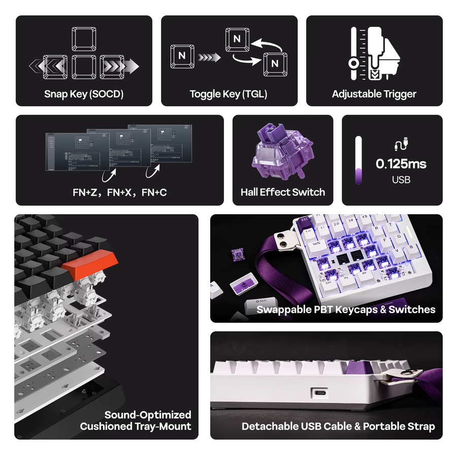EPOMAKER HE30 30% Einhändige Hall-Effekt Gaming-Tastatur mit RGB-Hintergrundbeleuchtung und 8K Polling-Rate, Weiß-Lila - Bild 5