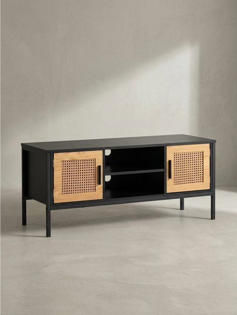 KADIMA DESIGN Lowboard in Schwarz und Eiche-Dekor mit Wiener Geflecht und Türen, B/T/H: 110 x 48 x 40 cm - Bild 1