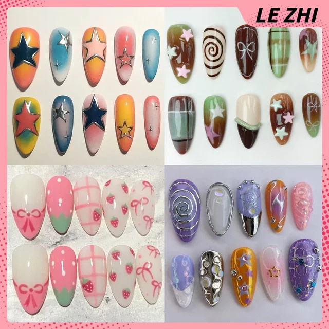 Keeppley Nail Art Press-on Nails, 10 Stück, Rosa Mandel Katze, Erdbeere Regenbogen, Glänzend, Mädchen - Bild 1