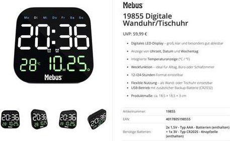 Mebus Digitale Tischuhr Modern Schwarz B/T/H: 18,5 x 18,5 x 3 cm - Bild 1