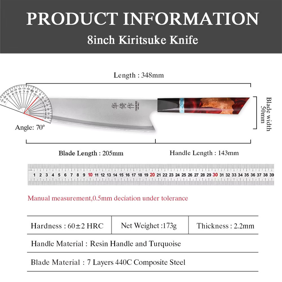 TUEWHO Kiritsuke-Kochmesser aus 440C-Verbundstahl mit Holzgriff, 8 Zoll (20,32 cm) professionelles japanisches Küchenmesser für Fleisch und Gemüse - Bild 6