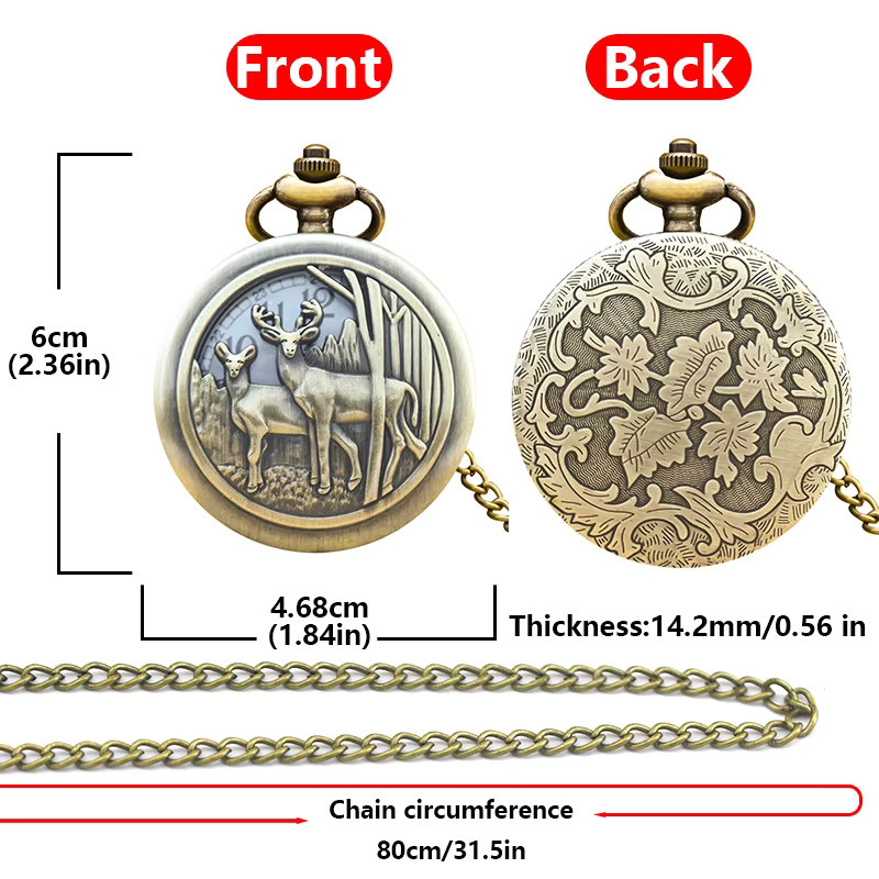 Wecin Taschenuhr Halskette, Quarz, Bronze, Hirsch-Schnitzerei, Unisex - Bild 4