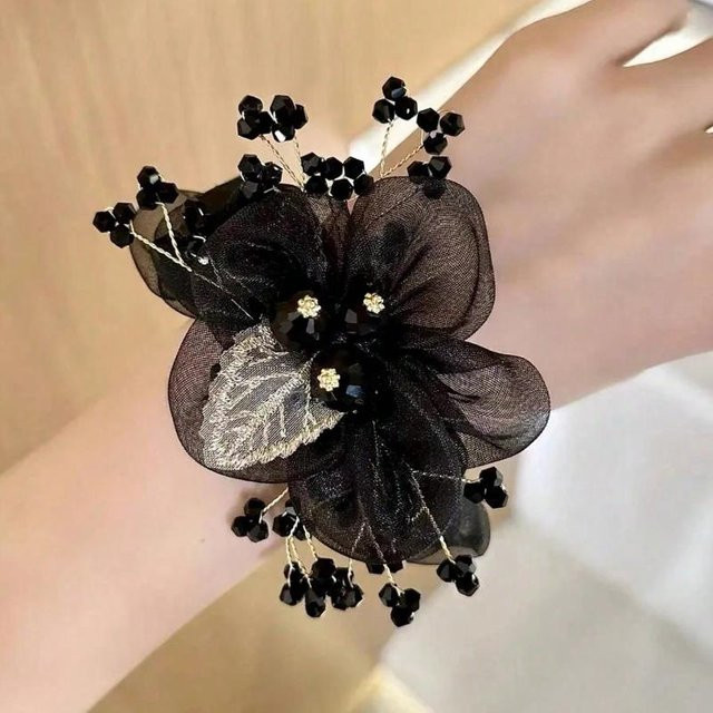 Haargummi Blumen- und Blätterdesign, Strasssteine, schwarz, Damen - Bild 1