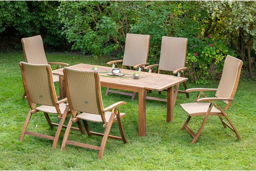 Merxx Gartenmöbelset Capri 7-teilig mit Ausziehtisch und 6 Sitzplätzen aus Akazienholz und Kunststoffgeflecht in Beige und Braun - Bild 1