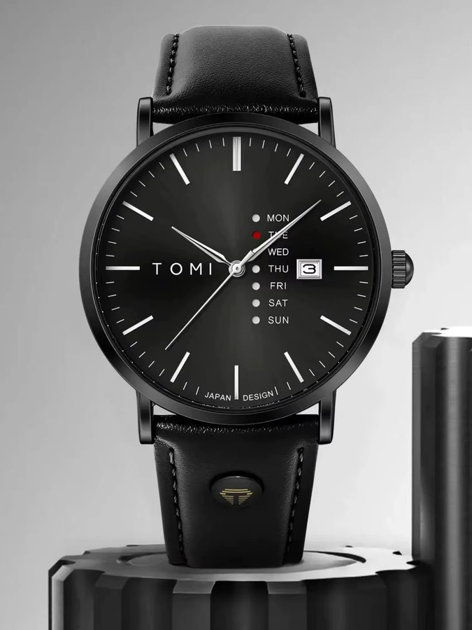TOMI Armbanduhr, Quarz, Lederarmband, Wochentag, Schwarz, Herren - Bild 6