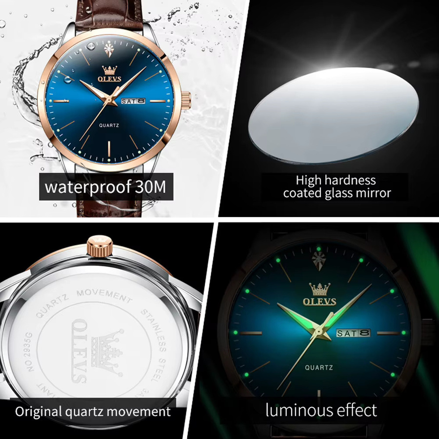 OLEVS Armbanduhr, Quarz, Edelstahl, Leder, Blau, Herren - Bild 5