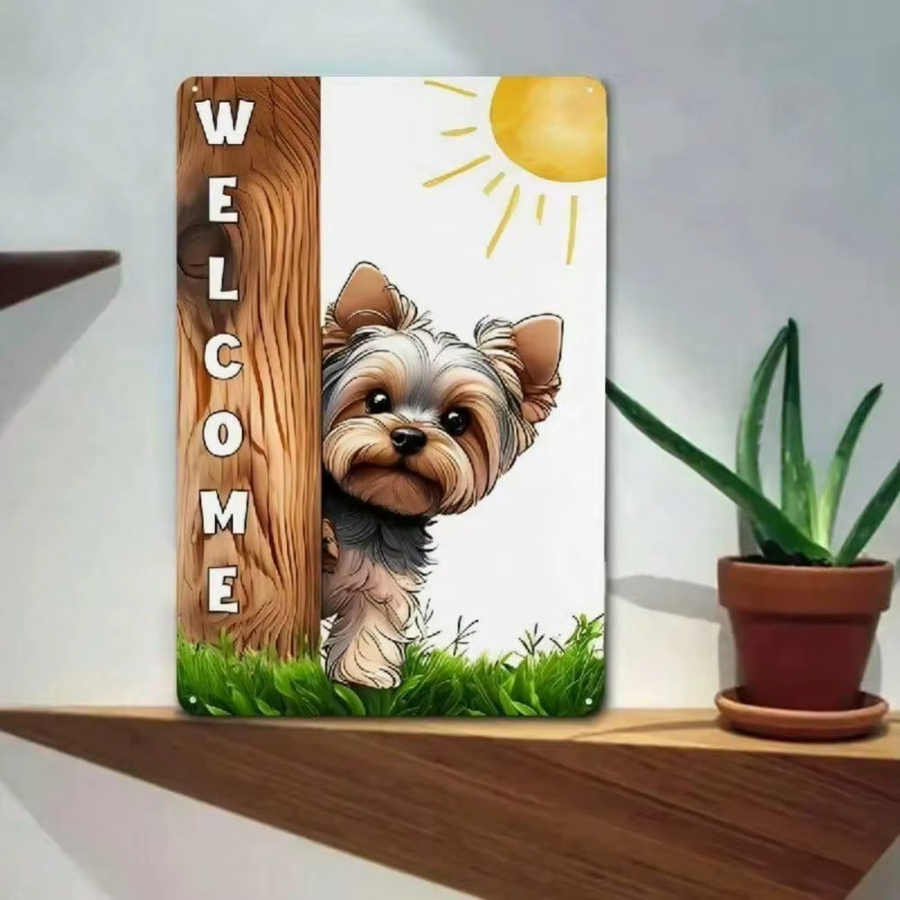 Willkommensschild CIFBUY aus Metall mit Yorkshire Terrier Welpe im rustikalen Holzzaun-Design, mehrfarbig - Bild 2