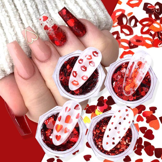 Sweet Trend Nail Art Glitzer, rote Herzflocken Pailletten, 4/12 Boxen - Bild 1