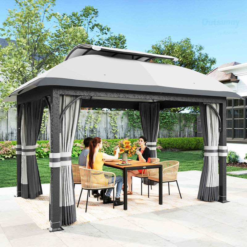 Outsunny Gartenpavillon mit Doppeldach und Seitenteilen sowie Moskitonetz, Hellgrau, B/T/H: 400 x 330 x 250 cm - Bild 2