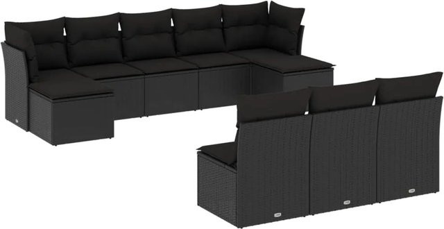 vidaXL 10-tlg. Garten-Sofagarnitur in L-Form aus Poly-Rattan mit Kissen und Stauraum, Schwarz - Bild 1
