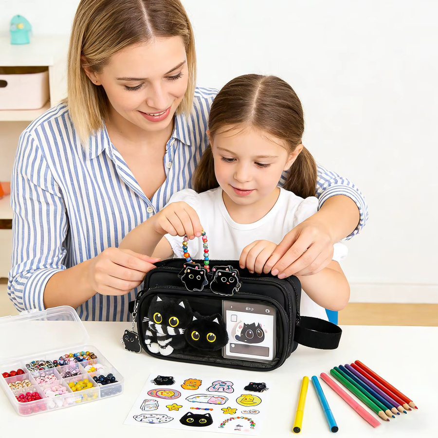 Abnehmbares Federmäppchen mit schwarzem Katzendesign, 10-lagiges Etui aus Textil mit großem Fassungsvermögen für Studenten und Büro - Bild 3