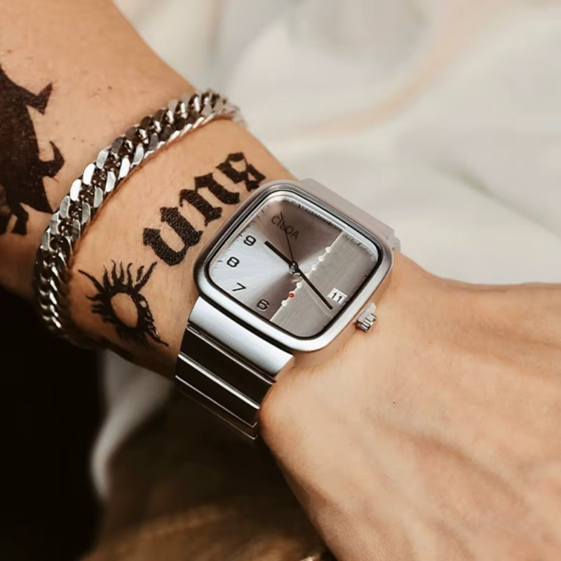 CILOA Armbanduhr Edelstahl, Eckig, Silber, Datum, Herren - Bild 4