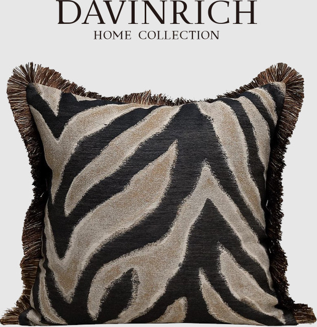 DAVINRICH Moderner Zebra-Scatter-Kissenbezug in Schwarz mit Quasten und Fransen - Bild 1