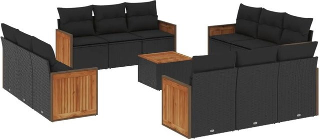 vidaXL 13-teilige Garten-Sofagarnitur in U-Form aus Polyrattan und Akazienholz mit Kissen, Schwarz - Bild 1