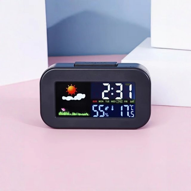 NieNie Digitaler Mini Wettervorhersage Wecker mit LED-Anzeige und Hintergrundbeleuchtung in Schwarz - Bild 1