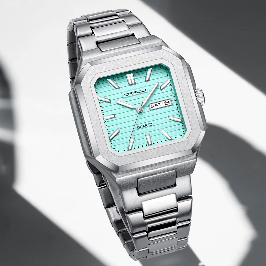 CRRJU Armbanduhr Edelstahl, Quarz, eckig, Grün, Silber, Herren - Bild 5