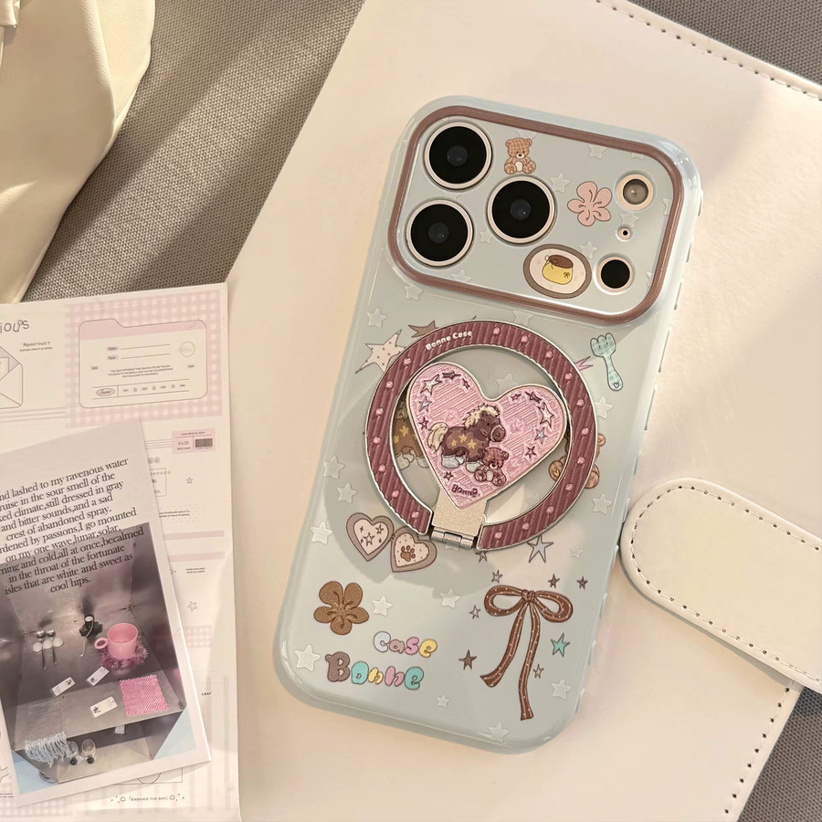 Potdemiel Handyhülle mit koreanischem Cartoon-Pony und Herz-Glitzer für iPhone 17 16 15 14 13 Pro Max, faltbare magnetische Halterung, stoßfeste weiche Schutzhülle - Bild 2