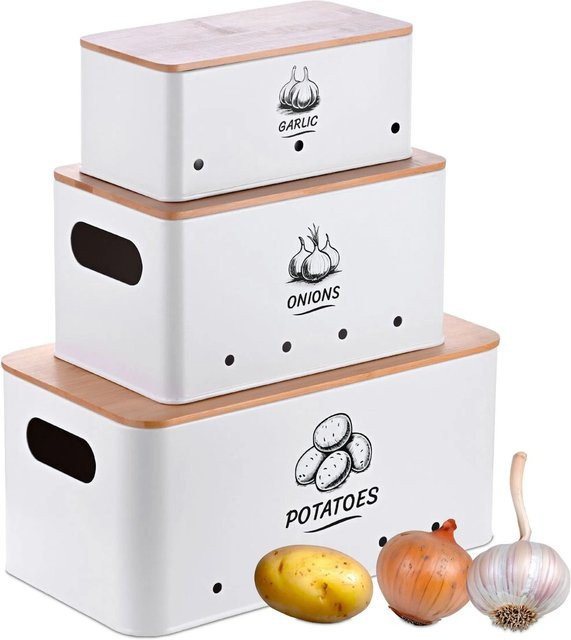 Relaxdays Aufbewahrungsbox 3er Set aus Metall und Bambus in Weiß, stapelbar, B/T/H: 33 x 19 x 15 cm - Bild 1