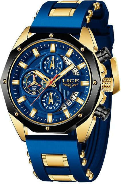 LIGE Armbanduhr Chronograph, Quarz, Edelstahl, Blau, Gold, Herren - Bild 1