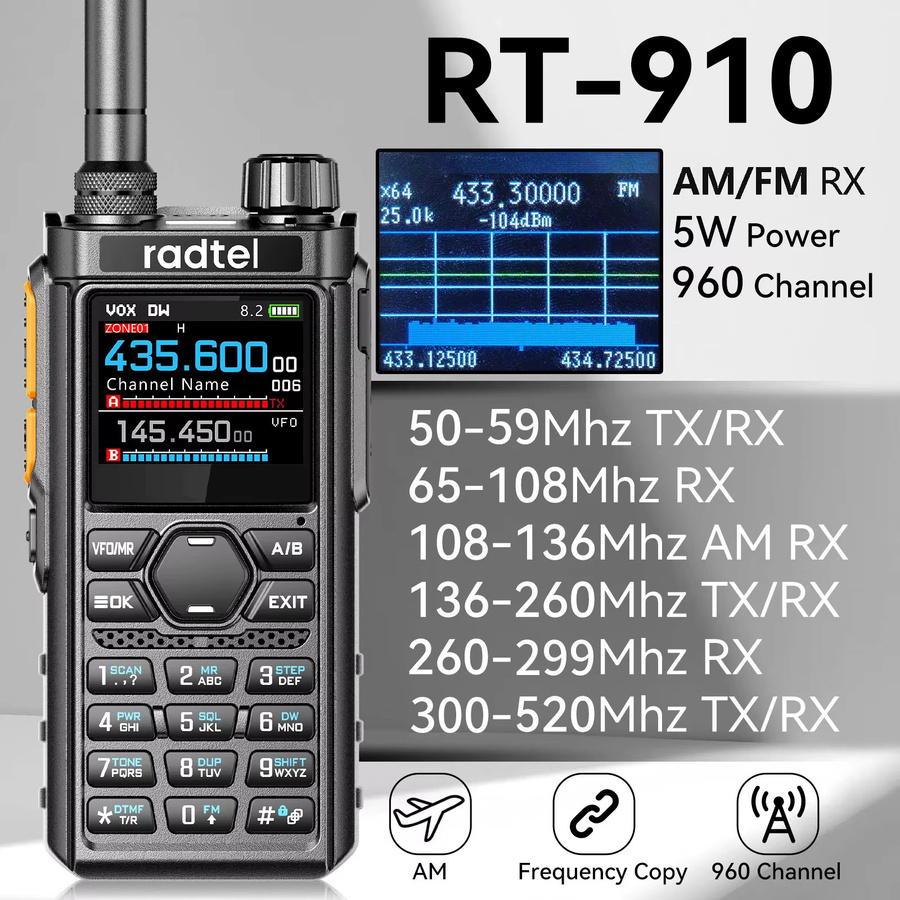 Radtel RT-910 Vollband-Walkie-Talkie in Schwarz mit 960 Kanälen, 45–59 MHz, NOAA-Spektrumanalysator, AM/FM und tragbarem Amateurfunk - Bild 2