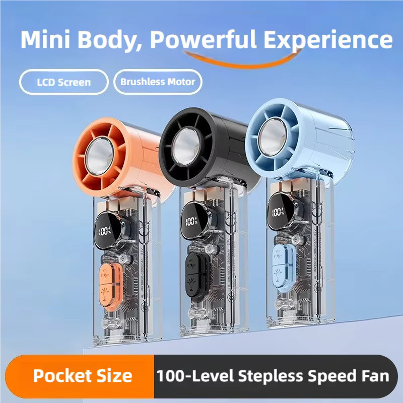 TINSOL Mini-Handventilator Transparent Orange mit LED-Beleuchtung, 100 Geschwindigkeitsstufen und USB-wiederaufladbarem Akku - Bild 2
