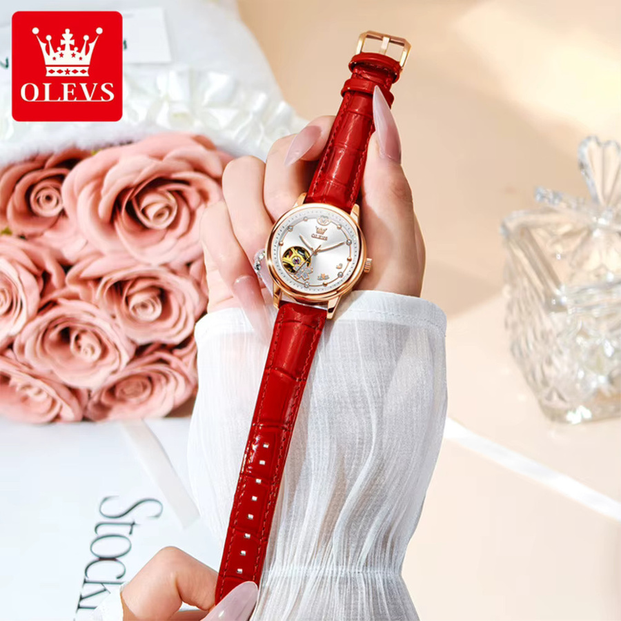 OLEVS Armbanduhr Automatik, Edelstahl, Leder, Diamantbesetzt, Damen - Bild 3
