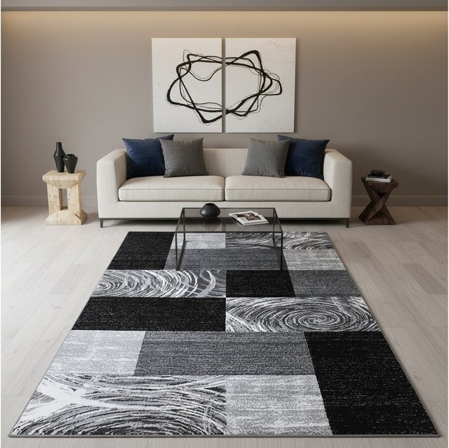 Kadima Design Kurzflor Teppich DRAU in Schwarz, abstrakt kariert, B: 80 cm, L: 150 cm - Bild 1