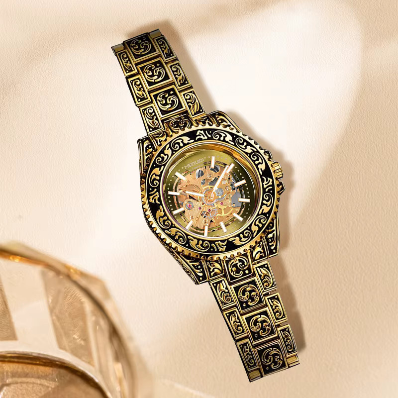 MEIRUIQI Armbanduhr, Edelstahl, Gold, Zahnradzifferblatt, Herren - Bild 3