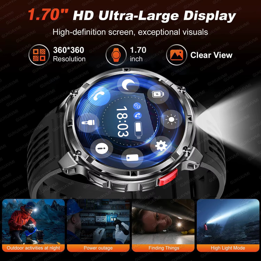 GUHUAVMI Smartwatch Militär-Design mit 1,7 Zoll AMOLED Display, GPS, Kompass und 5ATM Wasserdichtigkeit, Schwarz, 1100 mAh Akku - Bild 3