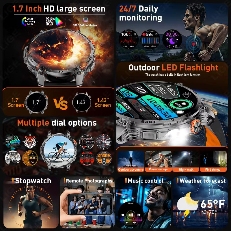 LIGE Smartwatch, Bluetooth, 1,75 Zoll, Schwarz, Herren - Bild 2