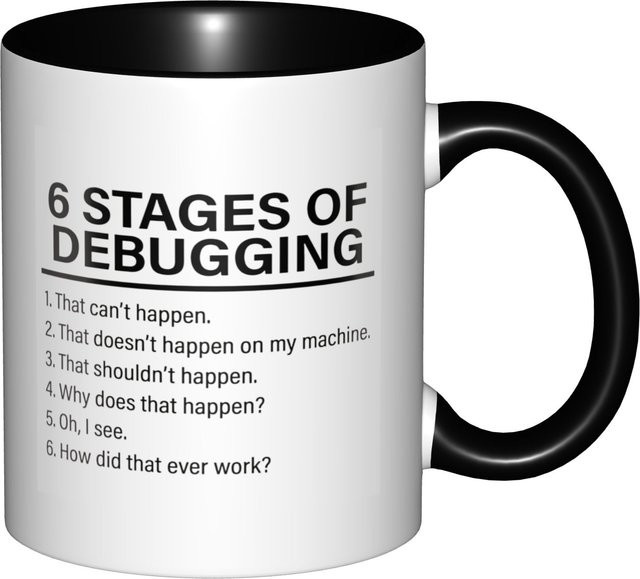 PEJAFAN Keramiktasse 6 Stufen des Debugging für Papa, Ehemann oder Freund in Schwarz-Weiß, 325 ml - Bild 1