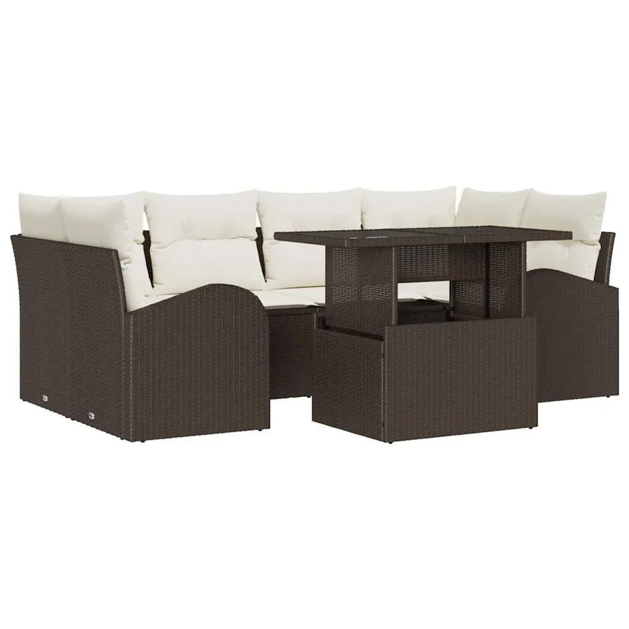 vidaXL Garten-Sofa-Set aus Poly Rattan in Braun, 7-teiliges L-Shape Lounge-Set mit Kissen und Tisch mit Glasplatte - Bild 2