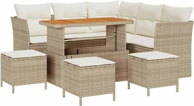 vidaXL 9-teiliges Garten-Sofa-Set in L-Form aus Polyrattan und Akazienholz mit Kissen in Beige und Weiß - Bild 1