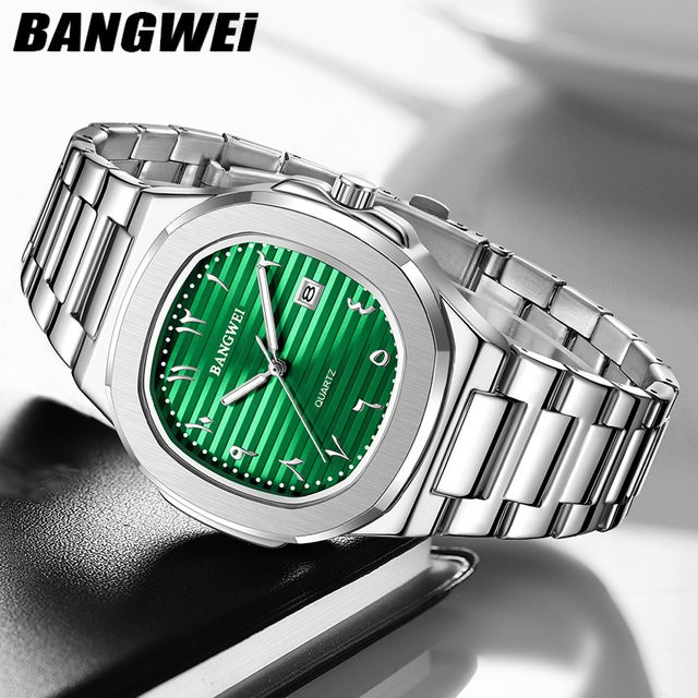 BANGWEI Armbanduhr Quarz, Edelstahl, Grün, Silber, Herren - Bild 1
