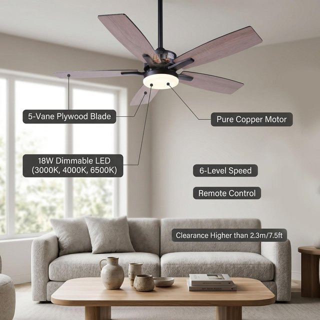 Aimo Deckenventilator mit LED-Dimmlicht und Fernbedienung, 42 Inch, Schwarz/Braun - Bild 1