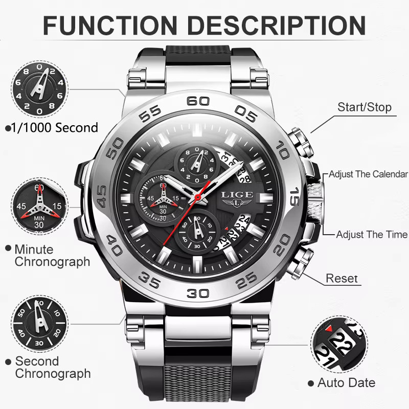 LIGE Armbanduhr Quarz, Silikon, Schwarz, Herren - Bild 5