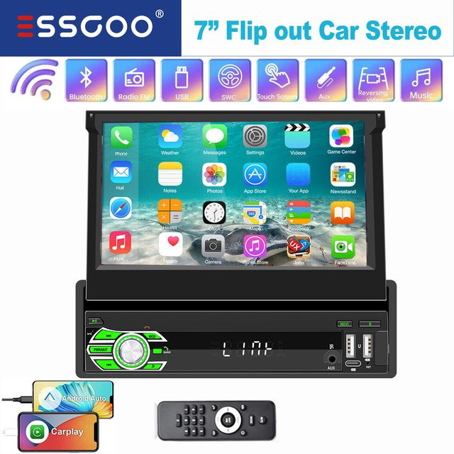 ESSGOO 7 Zoll Single DIN Universal Autoradio mit ausfahrbarem Touchscreen, Bluetooth, MP5 Player, Carplay und Mirror Link, Schwarz - Bild 1