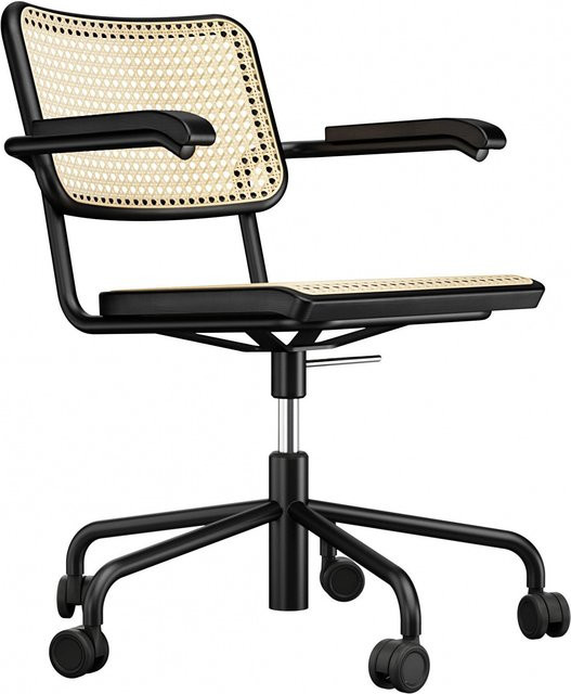 Thonet S 64 Vdr Atelier Drehstuhl mit Rohrgeflecht in Schwarz und Buche mit Rollen - Bild 1