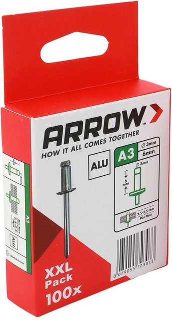 Arrow Blindniete aus Aluminium in Silber, Durchmesser: 3 mm, Länge: 6 mm, 100 Stück - Bild 1