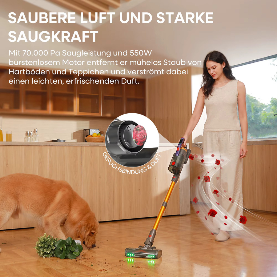 erabros EV7 Kabelloser Handstaubsauger mit 70KPa Saugkraft, 550W, 70 Minuten Laufzeit, 1.5L Staubbecher, Aromafunktion, Anti-Tangle-Bürste und Ladestation, Multicolour - Bild 2