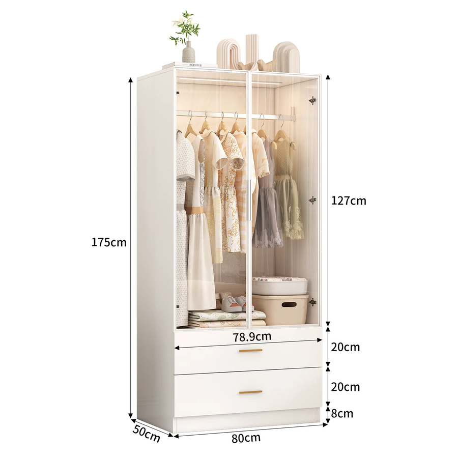 Rosahqnda LED-Kleiderschrank in Weiß mit 2 Glastüren und 2 Schubladen, moderner Garderoben-Organizer mit integrierter Beleuchtung, B/T/H: 80 x 50 x 175 cm - Bild 2