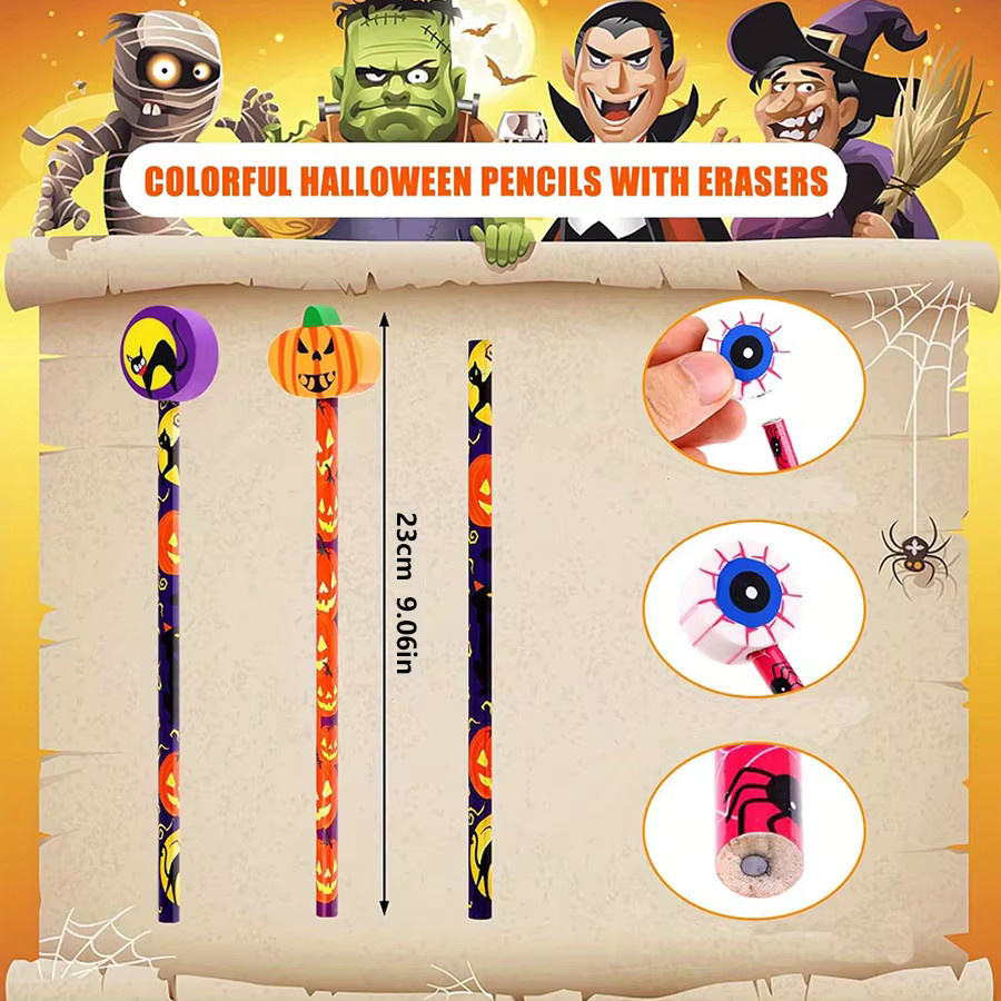 JXB 12er Set Halloween-Partystifte mit Radiergummis in Multicolour mit Kürbis, Fledermaus, Skelett und Spinne Motiven - Bild 2
