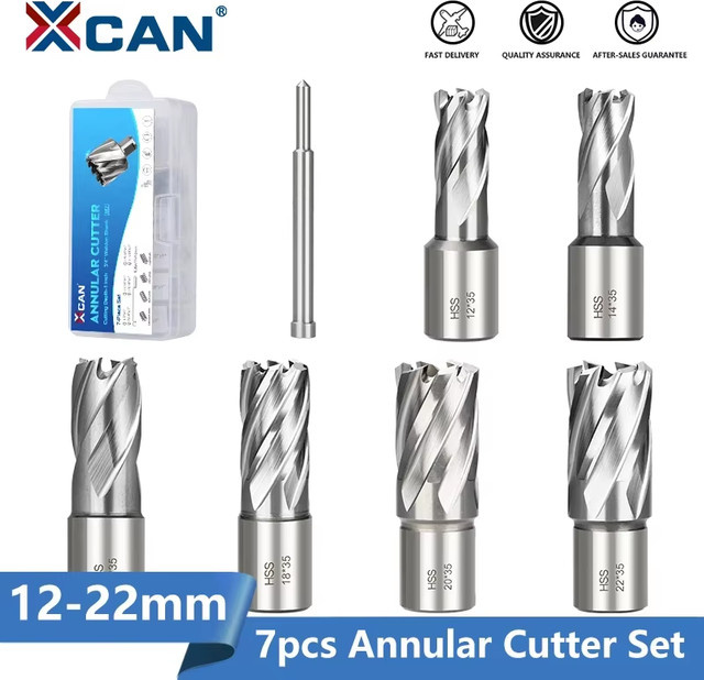 XCAN 7-teiliges HSS-Ringschneider-Set in Silber, Kernbohrer mit 19 mm Weldon-Schaft für Metall, Durchmesser: 11–22 mm - Bild 1