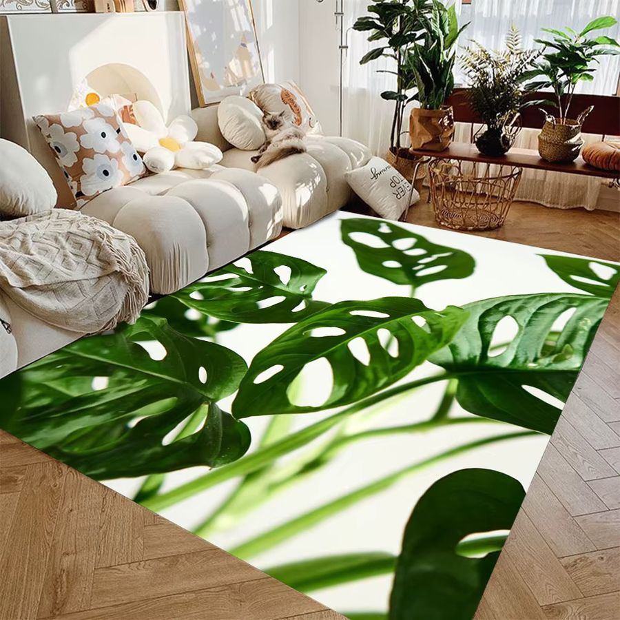 VIKAMA Flanell-Teppich im nordischen Stil mit grünem Blattmotiv, weiche Plüsch-Bodenmatte und rutschfester Sofamatte - Bild 2