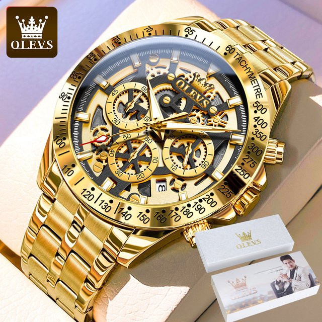 OLEVS Chronograph Armbanduhr, Edelstahl, Gold, Quarz, Herren - Bild 1