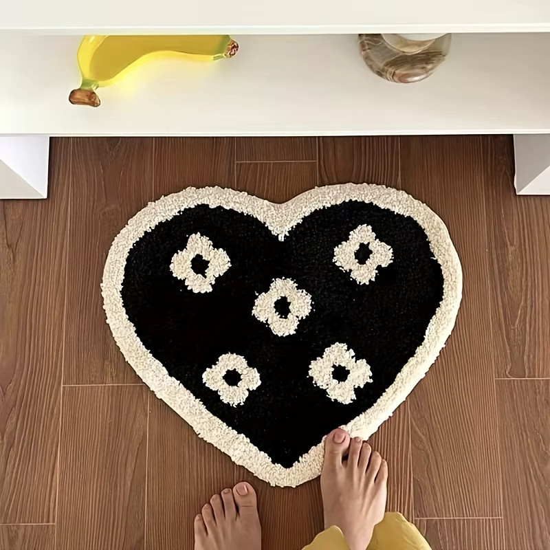 VIKAMA Plüschteppich mit Herz- und Blumenmuster in Schwarz, modernes Design für Wohnzimmer, Schlafzimmer oder Flur - Bild 1