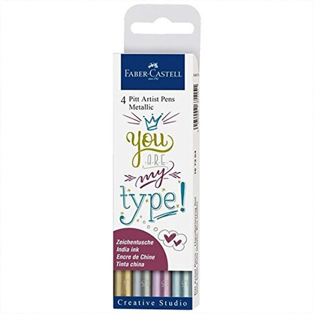 Faber Castell Pitt Artist Pen Metallic Tuschestifte für Profis, 4 Stück, Mehrfarbig (Gold, Silber, Multicolour) - Bild 1