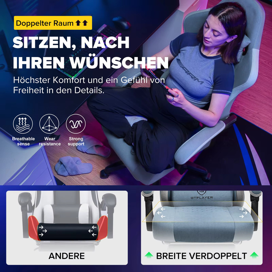 GTPLAYER Gaming Chair Ergonomischer Gaming Sessel aus Stoff in Schwarz mit Federsitzkissen und Verbindungsarmlehnen - Bild 4