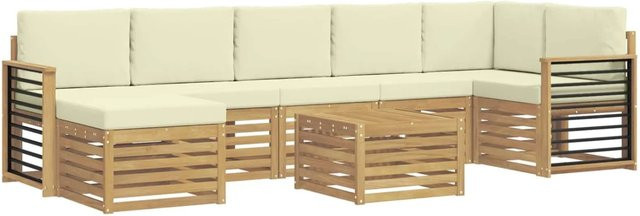 vidaXL Outdoor-Sofagarnitur 8-teilig in L-Form aus Akazienholz mit Polstern in Weiß und Beige, B/T/H: 59 x 59 x 37 cm - Bild 1